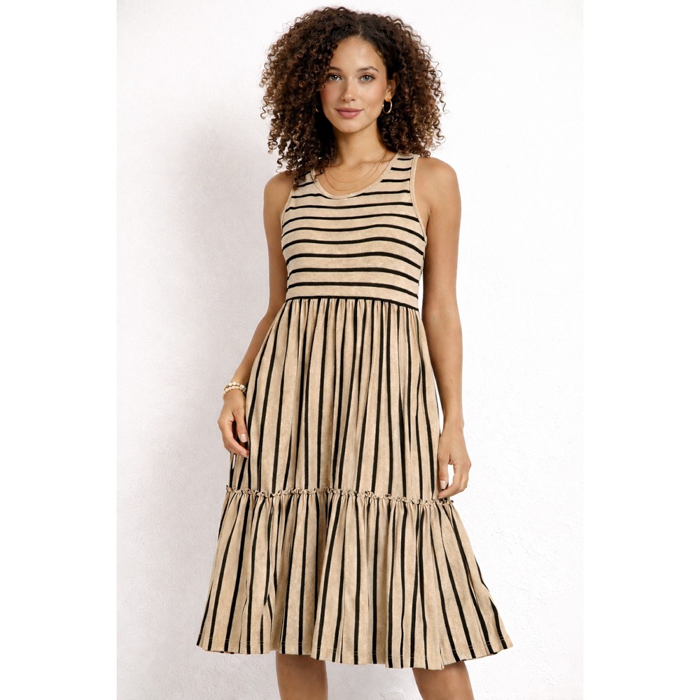 EXIST‎ Women's Medium Sleeveless Tiered Midi Dress Tan Black Stripe